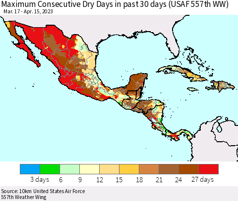 Mexico Central America and the Caribbean Maximum Consecutive Dry Days in past 30 days (USAF 557th WW) 04/15/2023 Thematic Map For 4/11/2023 - 4/15/2023