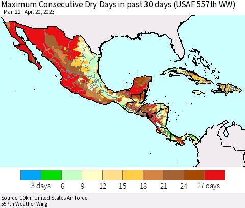 Mexico Central America and the Caribbean Maximum Consecutive Dry Days in past 30 days (USAF 557th WW) 04/20/2023 Thematic Map For 4/16/2023 - 4/20/2023