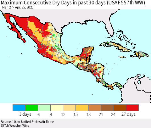 Mexico Central America and the Caribbean Maximum Consecutive Dry Days in past 30 days (USAF 557th WW) 04/25/2023 Thematic Map For 4/21/2023 - 4/25/2023