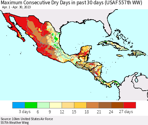Mexico Central America and the Caribbean Maximum Consecutive Dry Days in past 30 days (USAF 557th WW) 04/30/2023 Thematic Map For 4/26/2023 - 4/30/2023