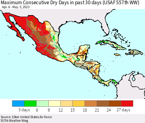 Mexico Central America and the Caribbean Maximum Consecutive Dry Days in past 30 days (USAF 557th WW) 05/05/2023 Thematic Map For 5/1/2023 - 5/5/2023