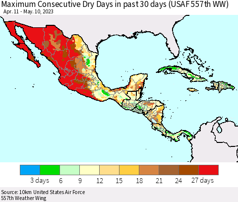 Mexico Central America and the Caribbean Maximum Consecutive Dry Days in past 30 days (USAF 557th WW) 05/10/2023 Thematic Map For 5/6/2023 - 5/10/2023