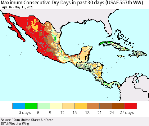 Mexico Central America and the Caribbean Maximum Consecutive Dry Days in past 30 days (USAF 557th WW) 05/15/2023 Thematic Map For 5/11/2023 - 5/15/2023