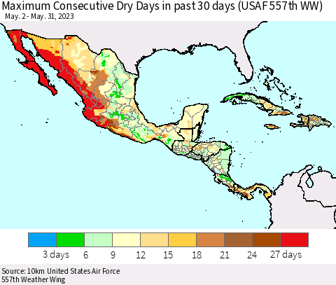 Mexico Central America and the Caribbean Maximum Consecutive Dry Days in past 30 days (USAF 557th WW) 05/31/2023 Thematic Map For 5/26/2023 - 5/31/2023