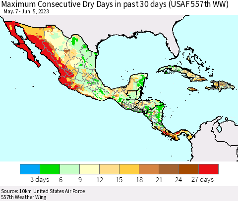 Mexico Central America and the Caribbean Maximum Consecutive Dry Days in past 30 days (USAF 557th WW) 06/05/2023 Thematic Map For 6/1/2023 - 6/5/2023