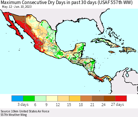 Mexico Central America and the Caribbean Maximum Consecutive Dry Days in past 30 days (USAF 557th WW) 06/10/2023 Thematic Map For 6/6/2023 - 6/10/2023