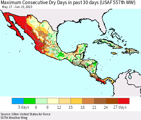 Mexico Central America and the Caribbean Maximum Consecutive Dry Days in past 30 days (USAF 557th WW) 06/15/2023 Thematic Map For 6/11/2023 - 6/15/2023
