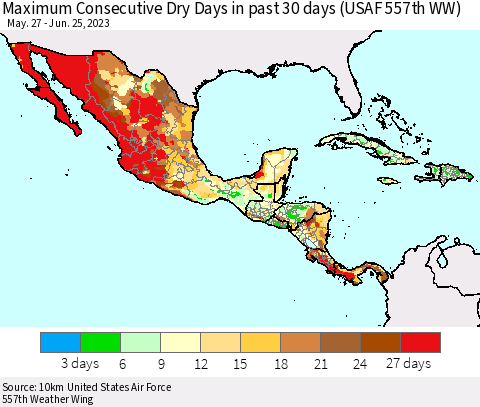 Mexico Central America and the Caribbean Maximum Consecutive Dry Days in past 30 days (USAF 557th WW) 06/25/2023 Thematic Map For 6/21/2023 - 6/25/2023