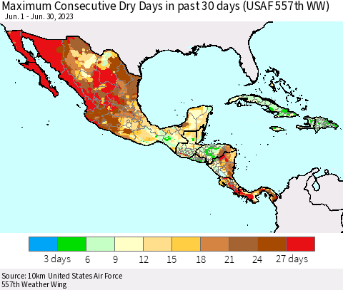 Mexico Central America and the Caribbean Maximum Consecutive Dry Days in past 30 days (USAF 557th WW) 06/30/2023 Thematic Map For 6/26/2023 - 6/30/2023