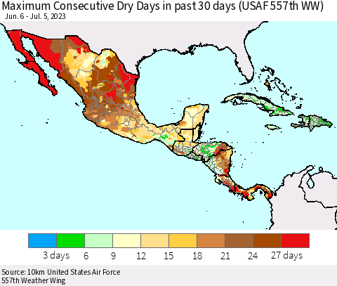 Mexico Central America and the Caribbean Maximum Consecutive Dry Days in past 30 days (USAF 557th WW) 07/05/2023 Thematic Map For 7/1/2023 - 7/5/2023
