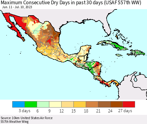 Mexico Central America and the Caribbean Maximum Consecutive Dry Days in past 30 days (USAF 557th WW) 07/10/2023 Thematic Map For 7/6/2023 - 7/10/2023