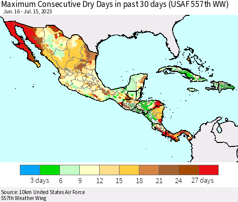 Mexico Central America and the Caribbean Maximum Consecutive Dry Days in past 30 days (USAF 557th WW) 07/15/2023 Thematic Map For 7/11/2023 - 7/15/2023