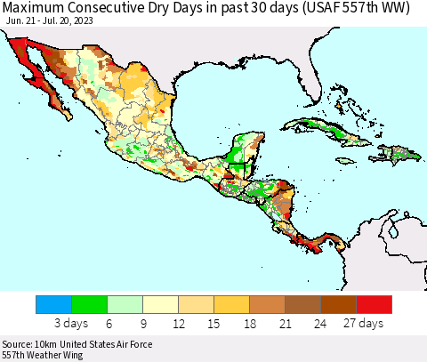 Mexico Central America and the Caribbean Maximum Consecutive Dry Days in past 30 days (USAF 557th WW) 07/20/2023 Thematic Map For 7/16/2023 - 7/20/2023