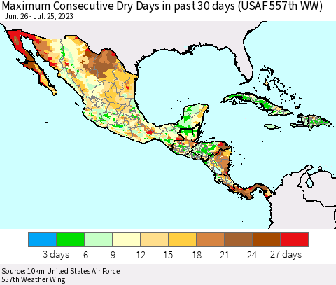 Mexico Central America and the Caribbean Maximum Consecutive Dry Days in past 30 days (USAF 557th WW) 07/25/2023 Thematic Map For 7/21/2023 - 7/25/2023