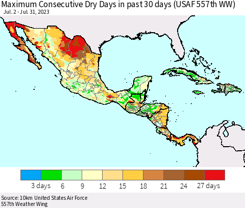 Mexico Central America and the Caribbean Maximum Consecutive Dry Days in past 30 days (USAF 557th WW) 07/31/2023 Thematic Map For 7/26/2023 - 7/31/2023