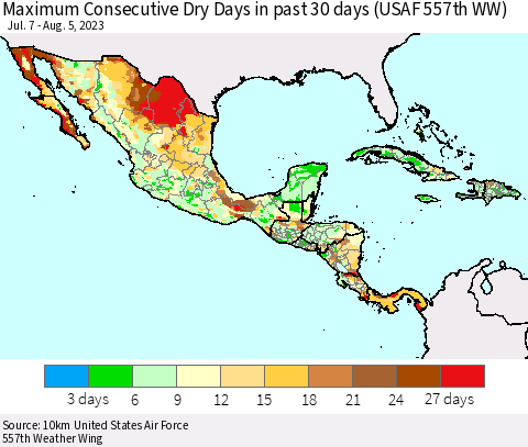 Mexico Central America and the Caribbean Maximum Consecutive Dry Days in past 30 days (USAF 557th WW) 08/05/2023 Thematic Map For 8/1/2023 - 8/5/2023