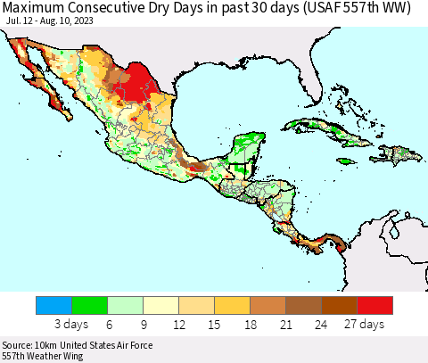 Mexico Central America and the Caribbean Maximum Consecutive Dry Days in past 30 days (USAF 557th WW) 08/10/2023 Thematic Map For 8/6/2023 - 8/10/2023