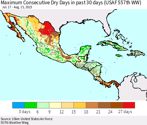 Mexico Central America and the Caribbean Maximum Consecutive Dry Days in past 30 days (USAF 557th WW) 08/15/2023 Thematic Map For 8/11/2023 - 8/15/2023