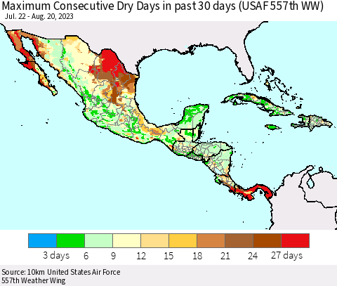 Mexico Central America and the Caribbean Maximum Consecutive Dry Days in past 30 days (USAF 557th WW) 08/20/2023 Thematic Map For 8/16/2023 - 8/20/2023