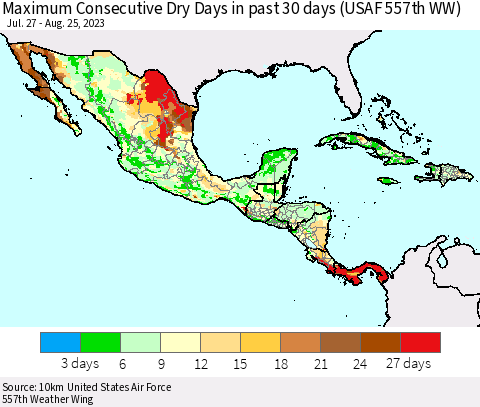 Mexico Central America and the Caribbean Maximum Consecutive Dry Days in past 30 days (USAF 557th WW) 08/25/2023 Thematic Map For 8/21/2023 - 8/25/2023