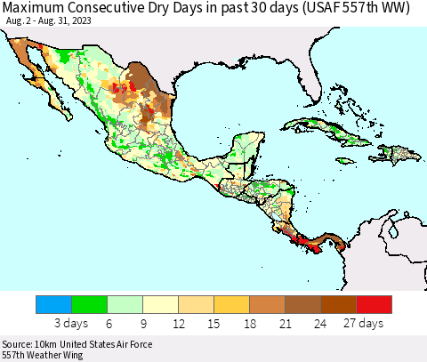 Mexico Central America and the Caribbean Maximum Consecutive Dry Days in past 30 days (USAF 557th WW) 08/31/2023 Thematic Map For 8/26/2023 - 8/31/2023