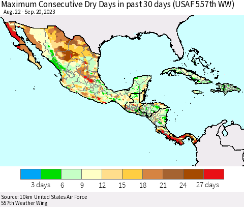 Mexico Central America and the Caribbean Maximum Consecutive Dry Days in past 30 days (USAF 557th WW) 09/20/2023 Thematic Map For 9/16/2023 - 9/20/2023