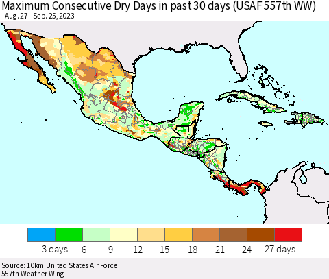 Mexico Central America and the Caribbean Maximum Consecutive Dry Days in past 30 days (USAF 557th WW) 09/25/2023 Thematic Map For 9/21/2023 - 9/25/2023