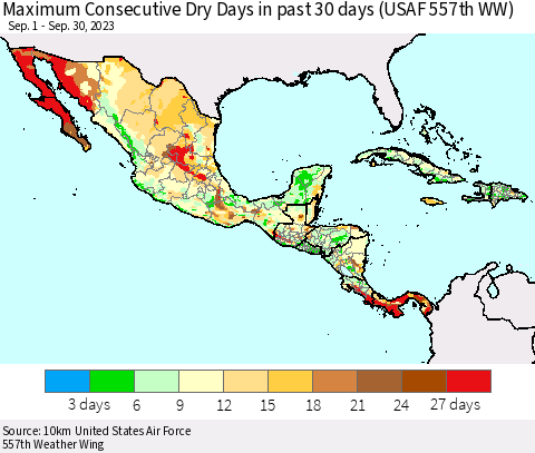 Mexico Central America and the Caribbean Maximum Consecutive Dry Days in past 30 days (USAF 557th WW) 09/30/2023 Thematic Map For 9/26/2023 - 9/30/2023
