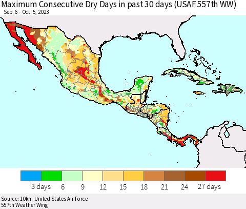 Mexico Central America and the Caribbean Maximum Consecutive Dry Days in past 30 days (USAF 557th WW) 10/05/2023 Thematic Map For 10/1/2023 - 10/5/2023