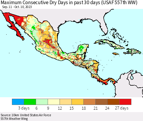 Mexico Central America and the Caribbean Maximum Consecutive Dry Days in past 30 days (USAF 557th WW) 10/10/2023 Thematic Map For 10/6/2023 - 10/10/2023