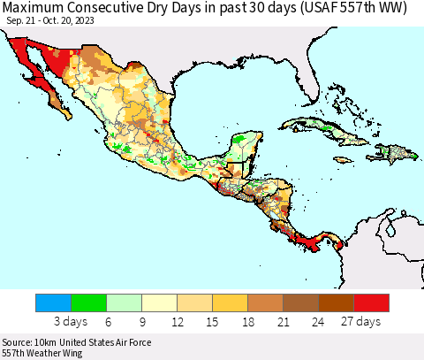 Mexico Central America and the Caribbean Maximum Consecutive Dry Days in past 30 days (USAF 557th WW) 10/20/2023 Thematic Map For 10/16/2023 - 10/20/2023