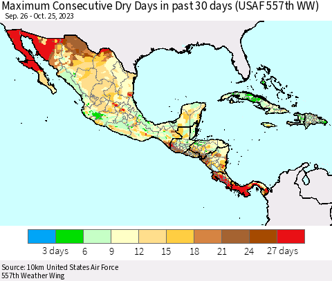 Mexico Central America and the Caribbean Maximum Consecutive Dry Days in past 30 days (USAF 557th WW) 10/25/2023 Thematic Map For 10/21/2023 - 10/25/2023