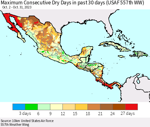 Mexico Central America and the Caribbean Maximum Consecutive Dry Days in past 30 days (USAF 557th WW) 10/31/2023 Thematic Map For 10/26/2023 - 10/31/2023