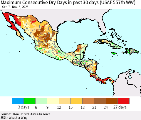 Mexico Central America and the Caribbean Maximum Consecutive Dry Days in past 30 days (USAF 557th WW) 11/05/2023 Thematic Map For 11/1/2023 - 11/5/2023