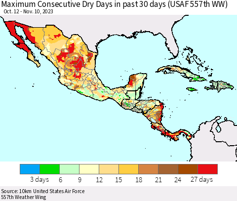 Mexico Central America and the Caribbean Maximum Consecutive Dry Days in past 30 days (USAF 557th WW) 11/10/2023 Thematic Map For 11/6/2023 - 11/10/2023