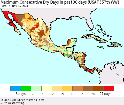 Mexico Central America and the Caribbean Maximum Consecutive Dry Days in past 30 days (USAF 557th WW) 11/15/2023 Thematic Map For 11/11/2023 - 11/15/2023