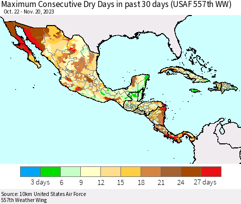 Mexico Central America and the Caribbean Maximum Consecutive Dry Days in past 30 days (USAF 557th WW) 11/20/2023 Thematic Map For 11/16/2023 - 11/20/2023