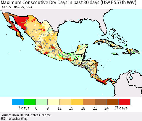Mexico Central America and the Caribbean Maximum Consecutive Dry Days in past 30 days (USAF 557th WW) 11/25/2023 Thematic Map For 11/21/2023 - 11/25/2023