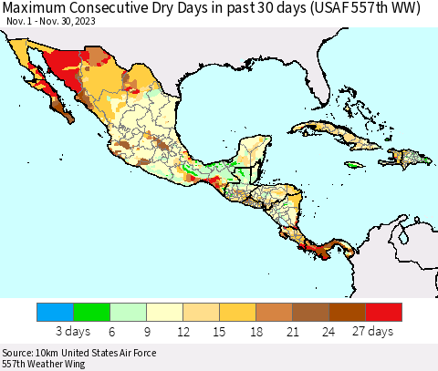 Mexico Central America and the Caribbean Maximum Consecutive Dry Days in past 30 days (USAF 557th WW) 11/30/2023 Thematic Map For 11/26/2023 - 11/30/2023