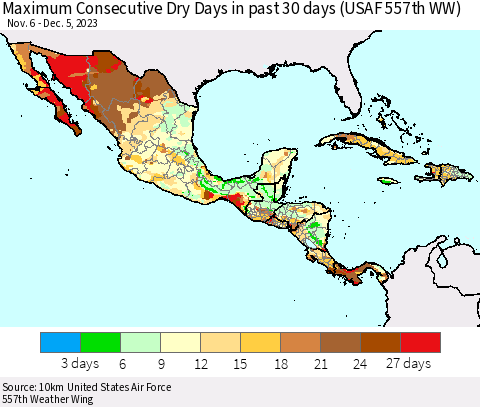 Mexico Central America and the Caribbean Maximum Consecutive Dry Days in past 30 days (USAF 557th WW) 12/05/2023 Thematic Map For 12/1/2023 - 12/5/2023