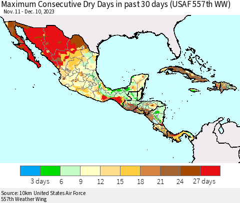 Mexico Central America and the Caribbean Maximum Consecutive Dry Days in past 30 days (USAF 557th WW) 12/10/2023 Thematic Map For 12/6/2023 - 12/10/2023