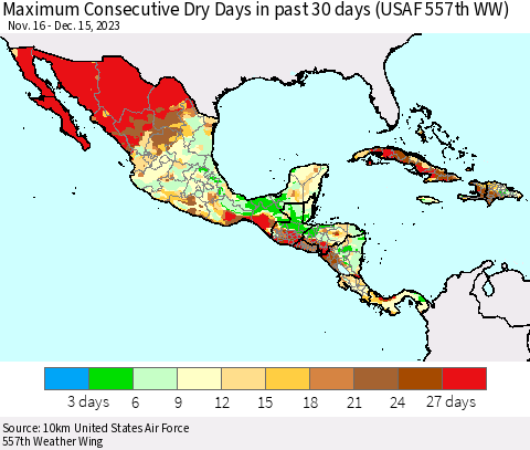 Mexico Central America and the Caribbean Maximum Consecutive Dry Days in past 30 days (USAF 557th WW) 12/15/2023 Thematic Map For 12/11/2023 - 12/15/2023