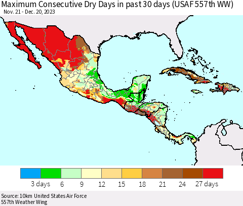 Mexico Central America and the Caribbean Maximum Consecutive Dry Days in past 30 days (USAF 557th WW) 12/20/2023 Thematic Map For 12/16/2023 - 12/20/2023