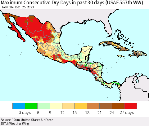 Mexico Central America and the Caribbean Maximum Consecutive Dry Days in past 30 days (USAF 557th WW) 12/25/2023 Thematic Map For 12/21/2023 - 12/25/2023