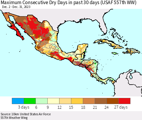 Mexico Central America and the Caribbean Maximum Consecutive Dry Days in past 30 days (USAF 557th WW) 12/31/2023 Thematic Map For 12/26/2023 - 12/31/2023