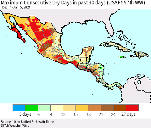 Mexico Central America and the Caribbean Maximum Consecutive Dry Days in past 30 days (USAF 557th WW) 01/05/2024 Thematic Map For 1/1/2024 - 1/5/2024