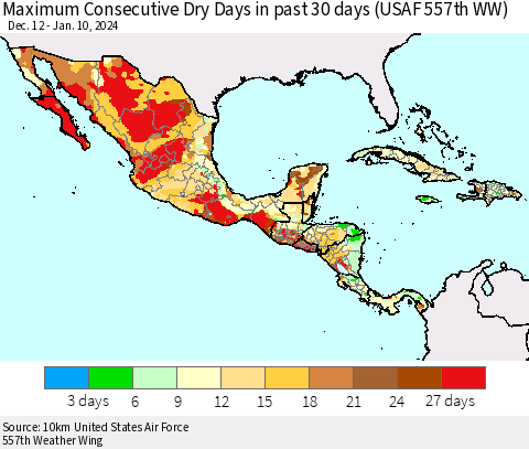 Mexico Central America and the Caribbean Maximum Consecutive Dry Days in past 30 days (USAF 557th WW) 01/10/2024 Thematic Map For 1/6/2024 - 1/10/2024