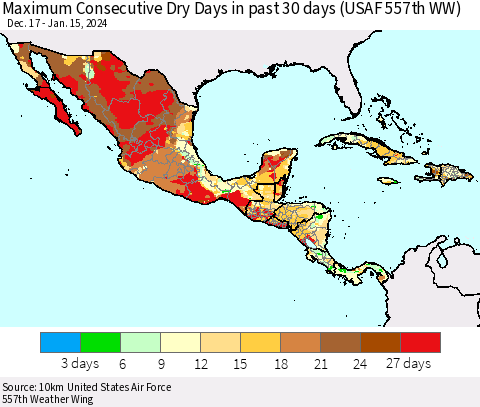 Mexico Central America and the Caribbean Maximum Consecutive Dry Days in past 30 days (USAF 557th WW) 01/15/2024 Thematic Map For 1/11/2024 - 1/15/2024