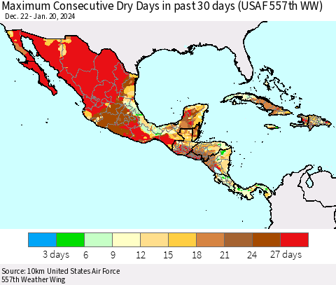 Mexico Central America and the Caribbean Maximum Consecutive Dry Days in past 30 days (USAF 557th WW) 01/20/2024 Thematic Map For 1/16/2024 - 1/20/2024