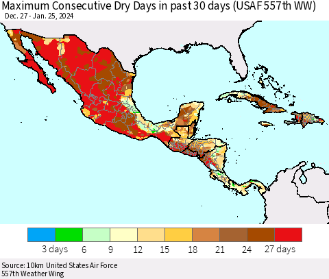 Mexico Central America and the Caribbean Maximum Consecutive Dry Days in past 30 days (USAF 557th WW) 01/25/2024 Thematic Map For 1/21/2024 - 1/25/2024